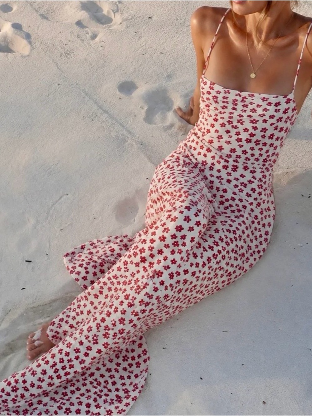 Commense White Maxi Dress with Red Floral Pattern